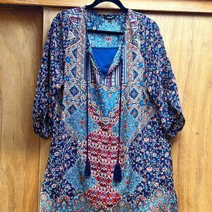 CLOSE OUT SALE:  Tolani Teal & Navy Silk Floral Boho Shift Dress - Size L